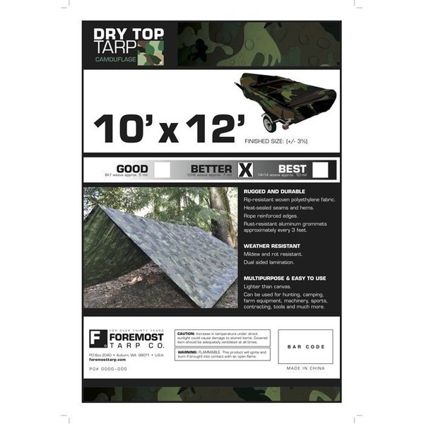 Fgi 10 ft x 12 ft 7 mil Tarp, Camouflage, Polyethylene, Weather Resistant 41012